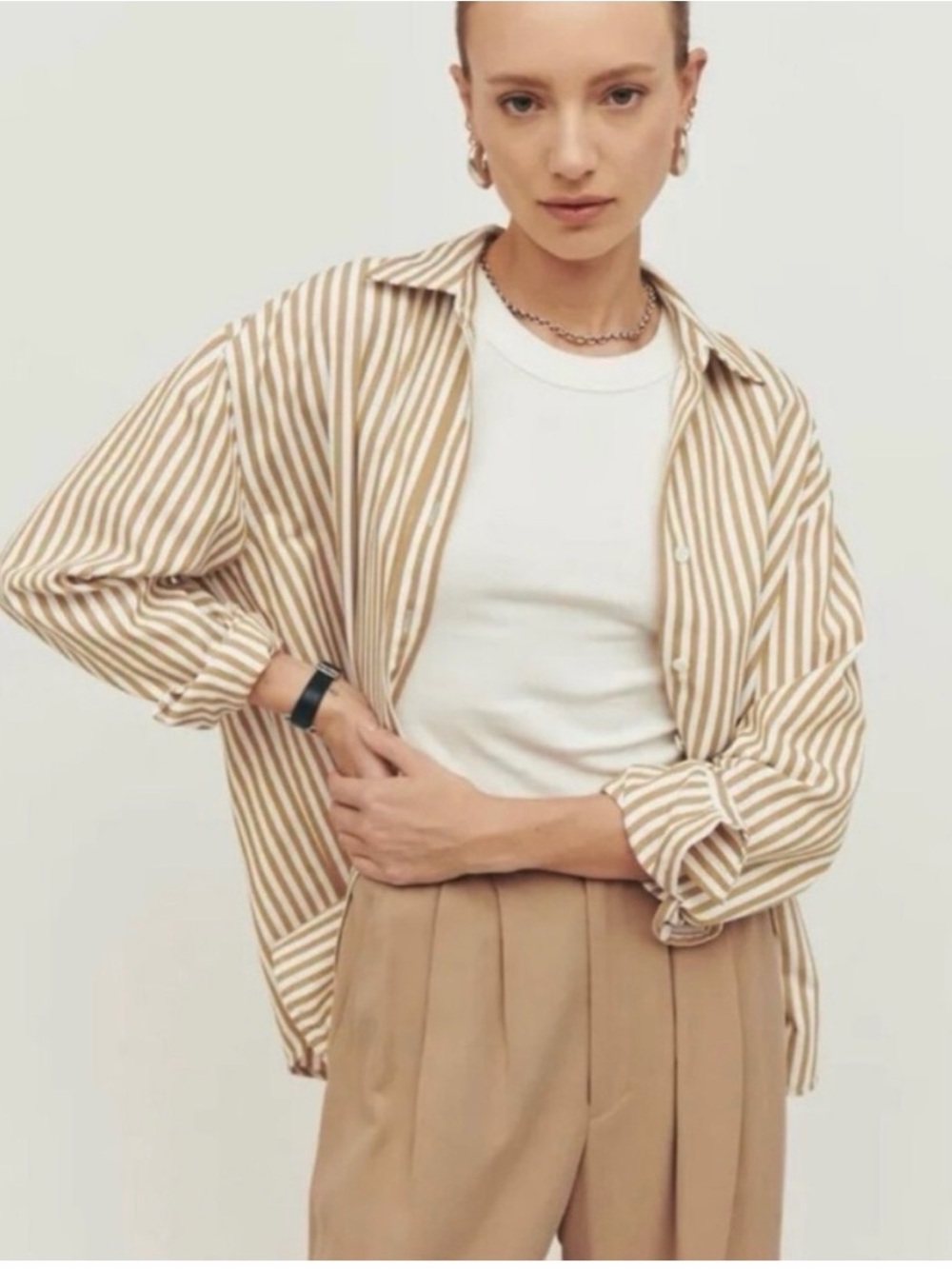 Reformation Beige And White Striped Button-Down Shirt